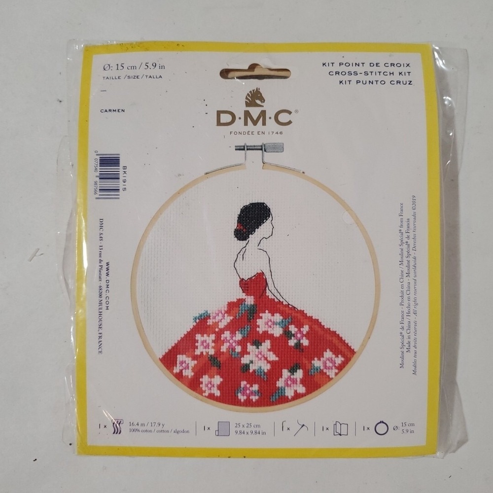 DMC Carmen Cross Stitch Kit 6" Diameter BK1915 W/ Hoop Woman In Red Floral Dress